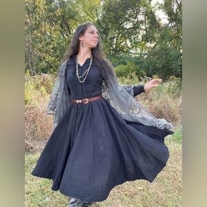 Black Cottagecore Linen Son De Flor Midi Dress Size Small